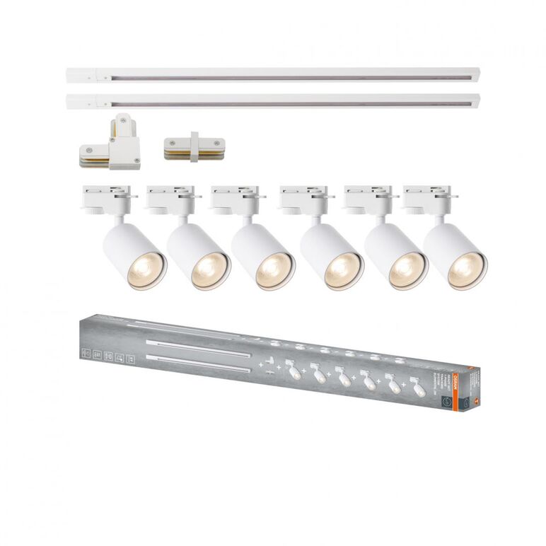 Sistem complet tracklight osram elemental cu 6 proiectoare cu soclu gu10 si 2 sine monofazate de 1 metru, 1 conector liniar, 1 conector tip l, alb,  Iluminat pe sina | electropc.ro