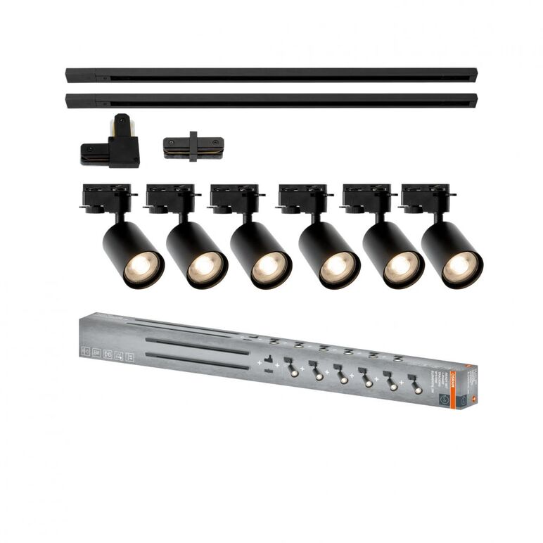 Sistem complet tracklight osram elemental cu 6 proiectoare cu soclu gu10 si 2 sine monofazate de 1 metru, 1 conector liniar, 1 conector tip l, negru,  Iluminat pe sina | electropc.ro