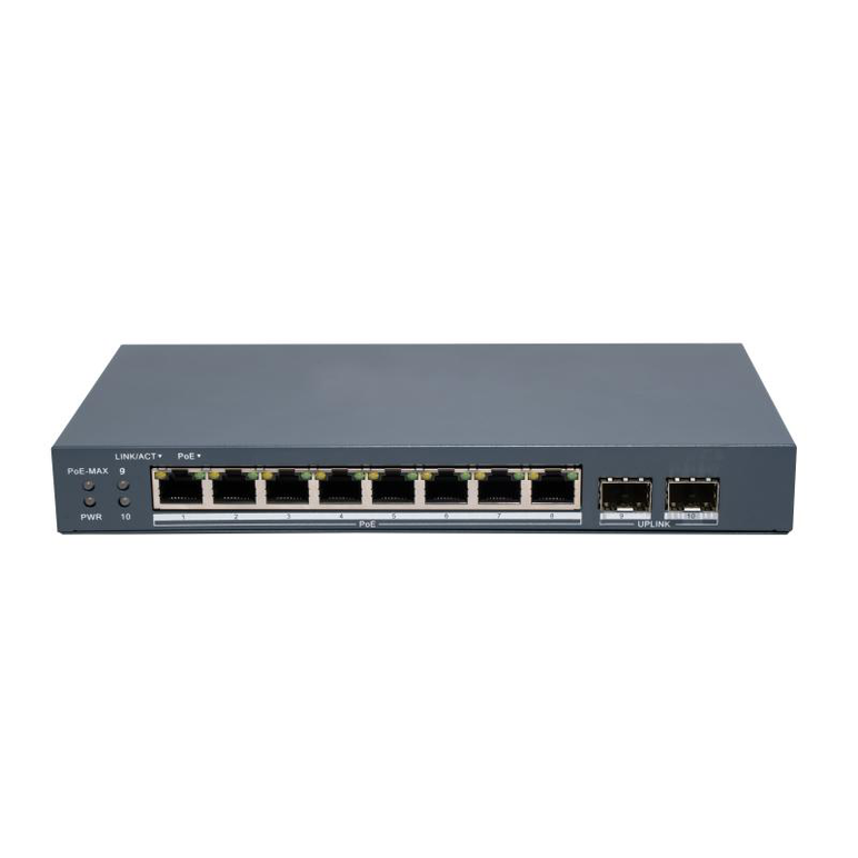 Switch poe hikvision ds-3e1510p-ei/m-8p2f: 8 × gigabit poe port,2 × gigabit fiber optical port, 8 porturi poe maxim 30w, buget poe 80w, tensiune alimentare 54vdc, 1.6a, dimensiuni: 217.6 mm × 27.6 mm × 108.5 mm, greutate: 1.08kg, montare pe birou sau pe p,  Switch-uri | electropc.ro