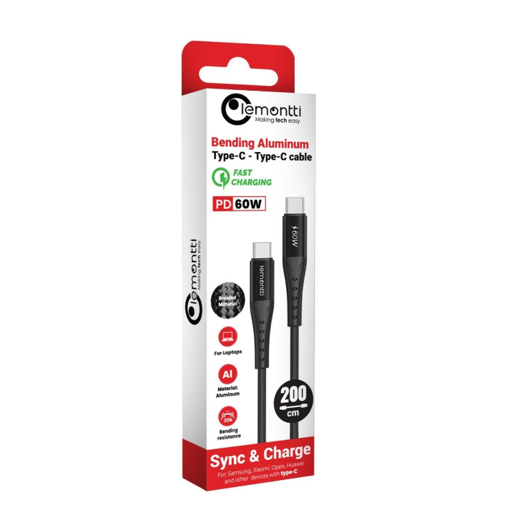 Cablu lemontti bending aluminum type-c la type-c, fast charge, pd 60w, 2m, negru,  Cabluri periferice | electropc.ro
