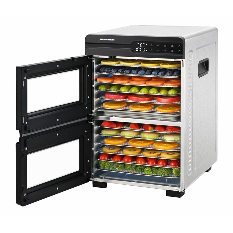Food dehydrator heinner dualdry pro hfd-kddb1200bkss, 1000-1200w, led display, dual storage with airflow system (fan inside each compartment), 12 stainless steel trays, 2 fruit roll trays, 2 mesh sheets, temperature: 35-80 ℃, timer: 30 min - 48h, see-thro,  Deshidratoare | electropc.ro