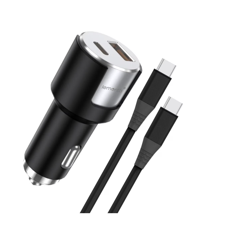 Incarcator auto lemontti fast charge 1 x port pd type-c 20w + 1 x port usb-a qc 3.0 18w cu cablu type-c la type-c 20w, lungime 1m, negru/argintiu,  Incarcatoare telefoane | electropc.ro