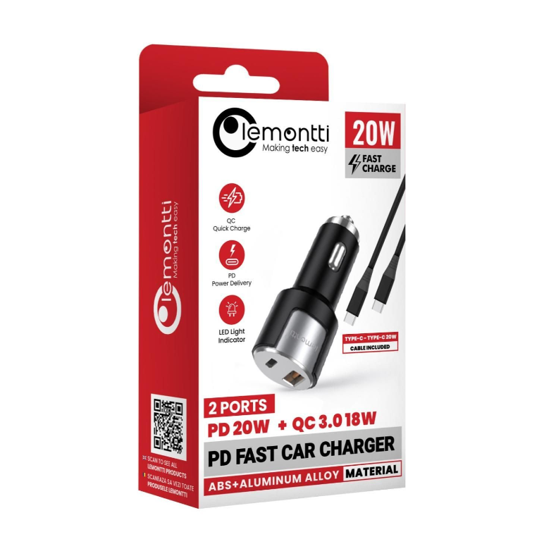 Incarcator auto lemontti fast charge 1 x port pd type-c 20w + 1 x port usb-a qc 3.0 18w cu cablu type-c la type-c 20w, lungime 1m, negru/argintiu,  Incarcatoare telefoane | electropc.ro