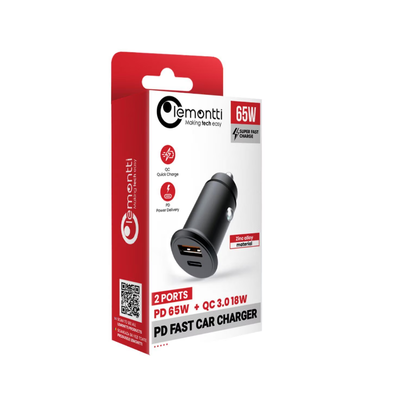 Incarcator auto lemontti super fast charge 65w 2 porturi pd type-c 65w + usb-a qc 3.0, negru,  Incarcatoare telefoane | electropc.ro