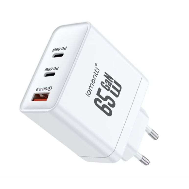 Lemontti incarcator retea gan 2x type-c si 1x usb-a, 65w, fast charge, eu plug, alb,  Cabluri periferice | electropc.ro