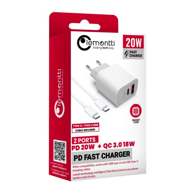 Lemontti set incarcator retea fast charge 20w 1 x pd type-c + 1 x usb-a quick charge 3.0 si cablu type-c-type-c 20w 1m alb,  Incarcatoare telefoane | electropc.ro