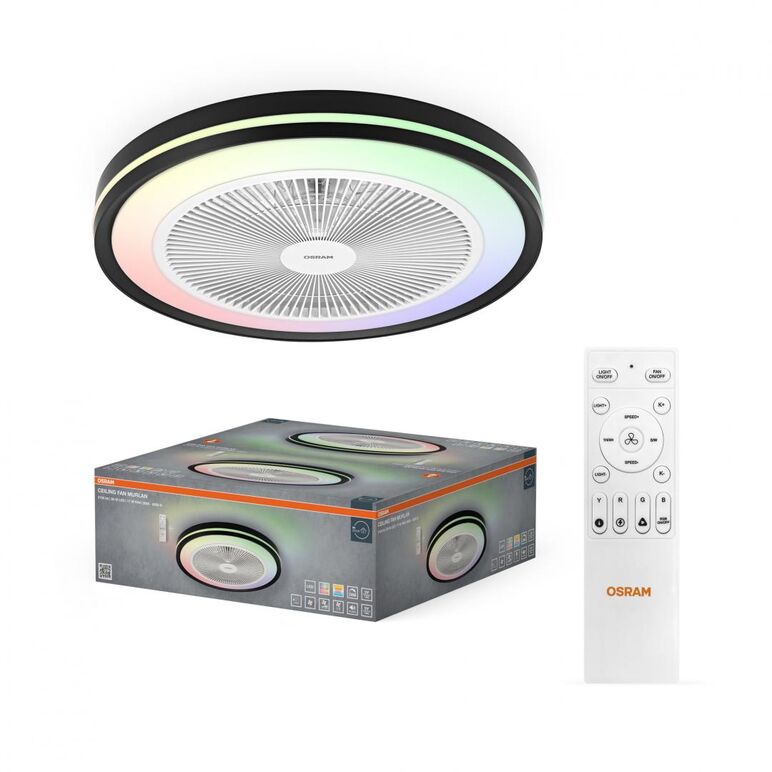 Plafoniera led cct cu ventilator osram murlan cu telecomanda, 43w, 2150lm, lumina alba si color (3000-6500k), dimabila, ip20, max 1169 m³/h, timer 1h-4h-8h, negru/alb,  Corpuri de iluminat inteligente pentru interior | electropc.ro