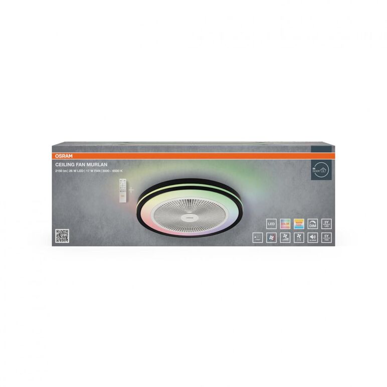 Plafoniera led cct cu ventilator osram murlan cu telecomanda, 43w, 2150lm, lumina alba si color (3000-6500k), dimabila, ip20, max 1169 m³/h, timer 1h-4h-8h, negru/alb,  Corpuri de iluminat inteligente pentru interior | electropc.ro
