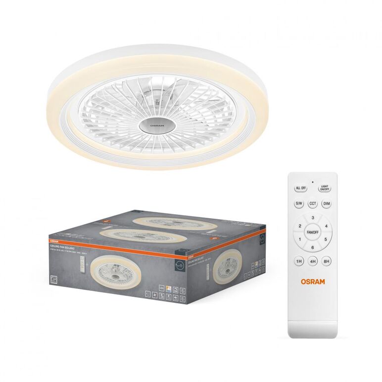 Plafoniera led cct cu ventilator osram solano cu telecomanda, 43w, 2100lm, lumina alba (3000-4000-6500k), dimabila, ip20, max 1168 m³/h, timer 1h-4h-8h, alb,  Corpuri de iluminat inteligente pentru interior | electropc.ro