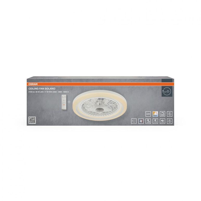 Plafoniera led cct cu ventilator osram solano cu telecomanda, 43w, 2100lm, lumina alba (3000-4000-6500k), dimabila, ip20, max 1168 m³/h, timer 1h-4h-8h, alb,  Corpuri de iluminat inteligente pentru interior | electropc.ro
