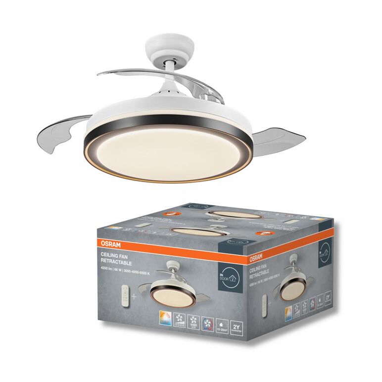 Plafoniera led cu ventilator osram retractable cu telecomanda, 66w, 4200lm, lumina alba (3000-4000-6500k), ip20, max 6460 m³/h, timer 2h-4h-8h, alb/negru,  Corpuri de iluminat inteligente pentru interior | electropc.ro