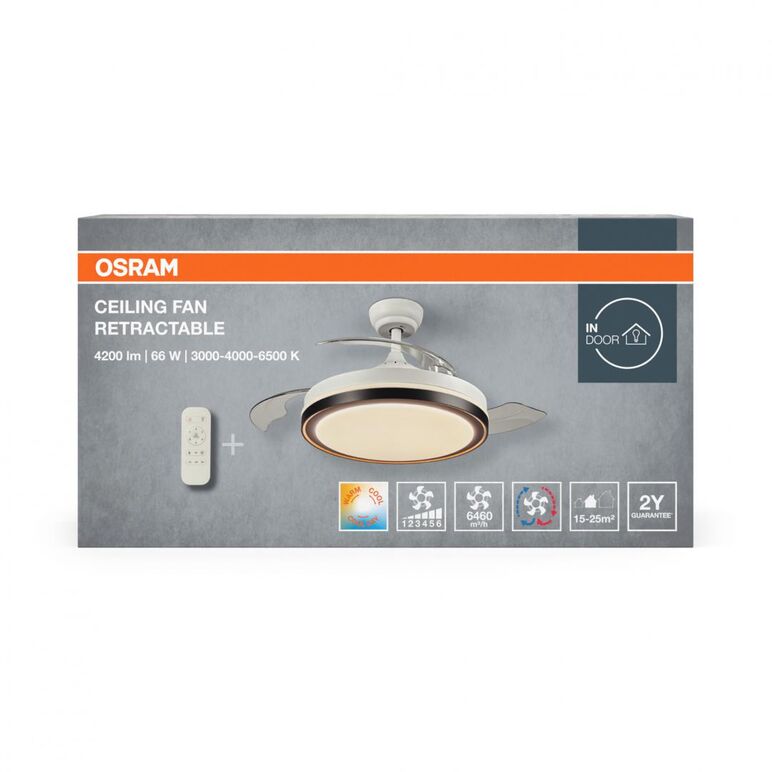 Plafoniera led cu ventilator osram retractable cu telecomanda, 66w, 4200lm, lumina alba (3000-4000-6500k), ip20, max 6460 m³/h, timer 2h-4h-8h, alb/negru,  Corpuri de iluminat inteligente pentru interior | electropc.ro