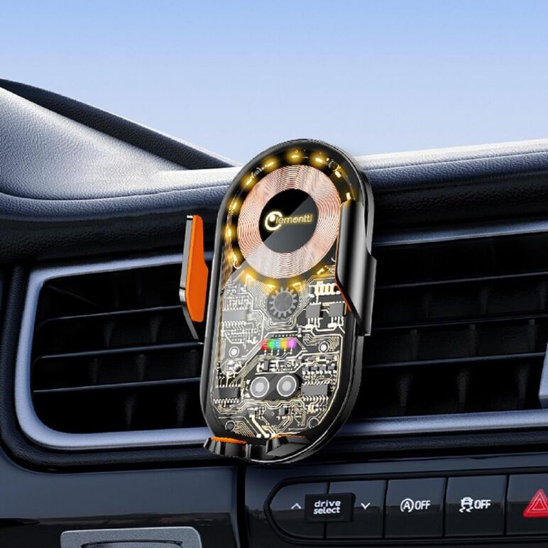 Lemontti suport auto cu incarcare  wireless, 15w, deschidere automata prin senzor infrarosu, prindere la ventilatie, cablu type-c inclus, transparent negru,  Accesorii | electropc.ro