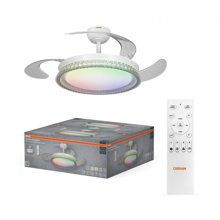 Plafoniera led cct cu ventilator osram cierzo cu telecomanda, 60w, 4000lm, lumina alba si color (3000-6500k), dimabila, ip20, max 7252 m³/h, timer 2h-4h-8h, alb,  Corpuri de iluminat inteligente pentru interior | electropc.ro