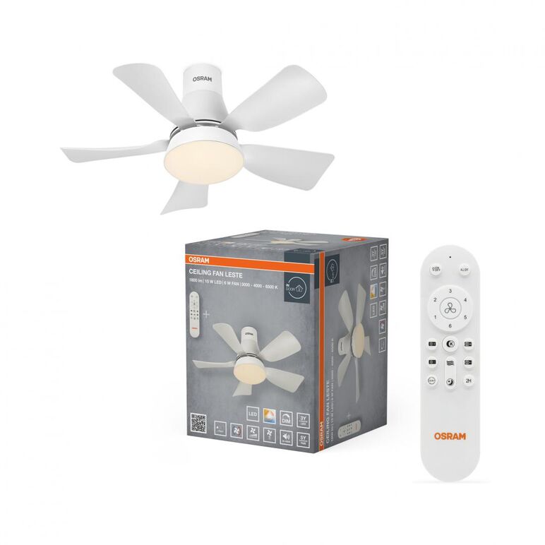 Plafoniera led cct cu ventilator osram leste cu telecomanda, 21w, 1800lm, lumina alba (3000-4000-6500k), dimabila, ip20, max 600 m³/h, timer 2h-4h-8h alb,  Corpuri de iluminat inteligente pentru interior | electropc.ro
