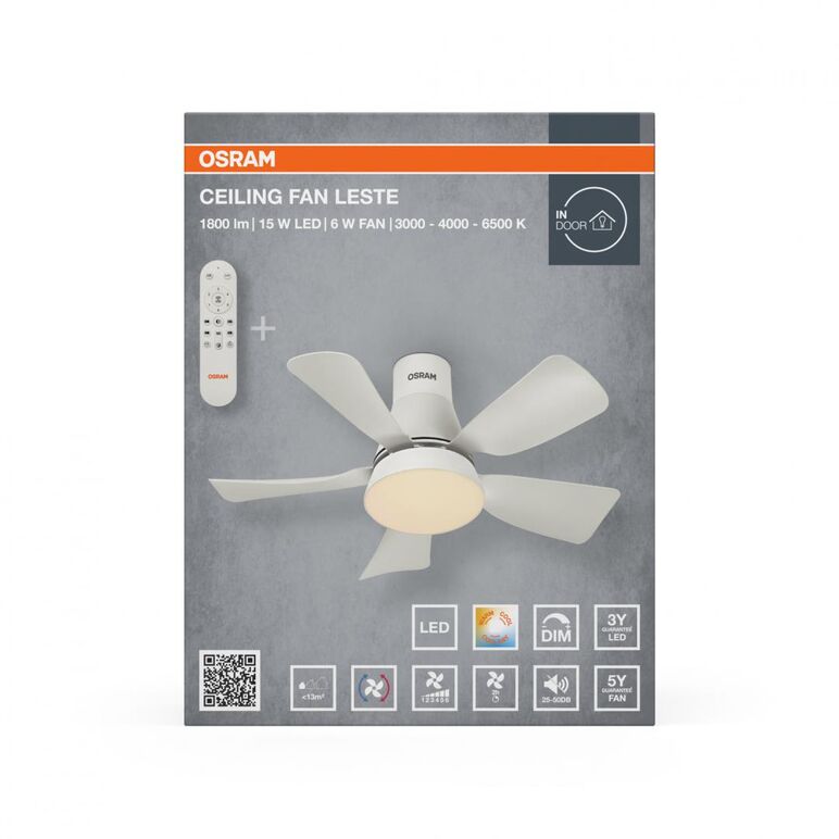 Plafoniera led cct cu ventilator osram leste cu telecomanda, 21w, 1800lm, lumina alba (3000-4000-6500k), dimabila, ip20, max 600 m³/h, timer 2h-4h-8h alb,  Corpuri de iluminat inteligente pentru interior | electropc.ro