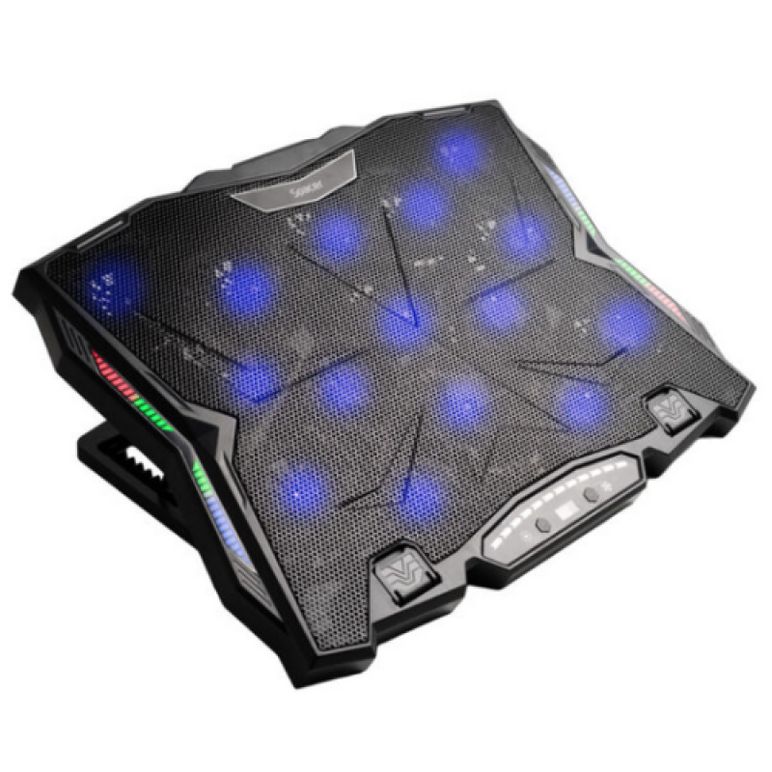 Stand spacer notebook 17" gaming, sita metal, 15x6cm led fans,6 trepte turatie max 2200rpm, 8 trepte inaltime,rgb 10 moduri, suport telefon,airflow 180cfm, 1xusb, 1xtype-c, black, nivel zgomot 28dba,  Stand & Cooling pad | electropc.ro
