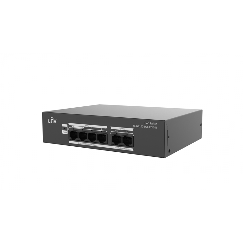 Switch uniview nsw2100-6gt-poe-in; porturi:4× 10/100/1000mbps poe port (rj45) +  2 x 10/100/1000mbps port (rj45); maxim 30 w per port, buget 65 w; performanta: switching capacity 12 gbps, forwarding 8.92mpps functii: supports the extend mode for up to 250,  Switch-uri | electropc.ro