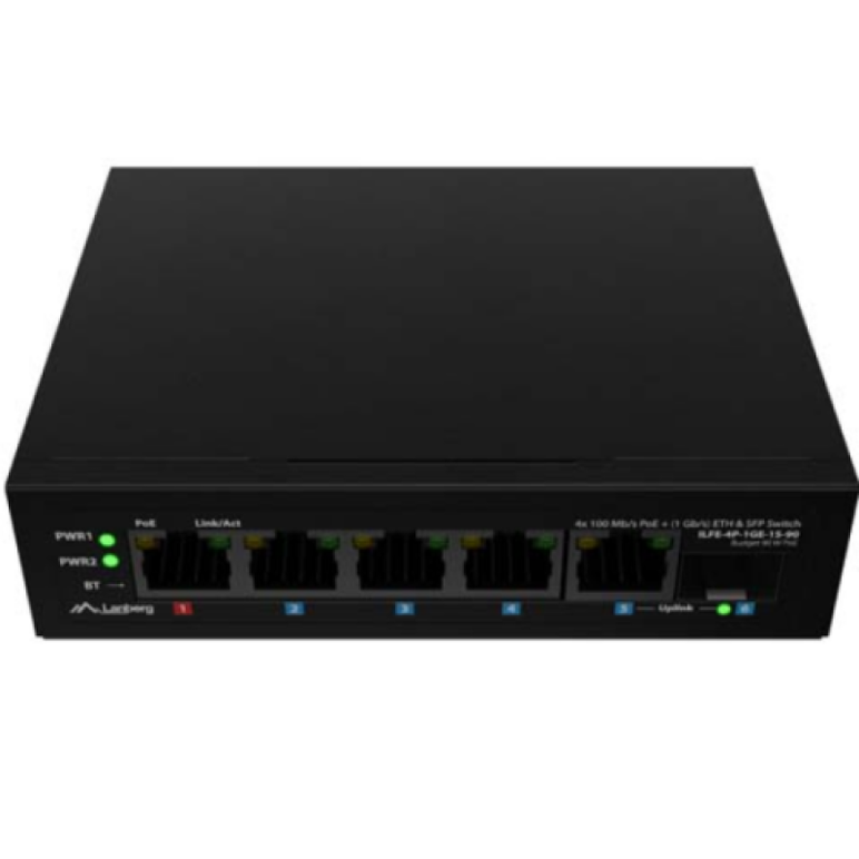 Switch lanberg ilfe-4p-1ge-1s-90, 1 port 100base-t 802.3bt poe++, 3 porturi  100base-t 802.3af/802.3at poe+, unmanaged, maxiumum network link speed 100 mbps, 1000 mbps, latime de banda 12 gbps, standar poe 802.3at, 802.3af, 802.3bt,  Switch-uri | electropc.ro