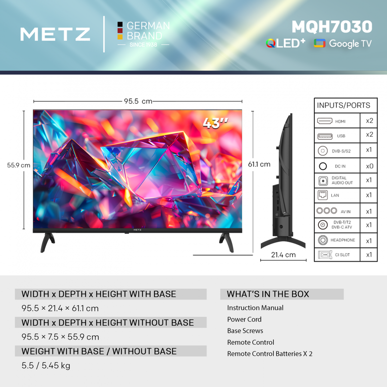 Televizor metz qled 43mqh7030z, 108 cm, smart google tv, fhd (model 2026),  Televizoare | electropc.ro