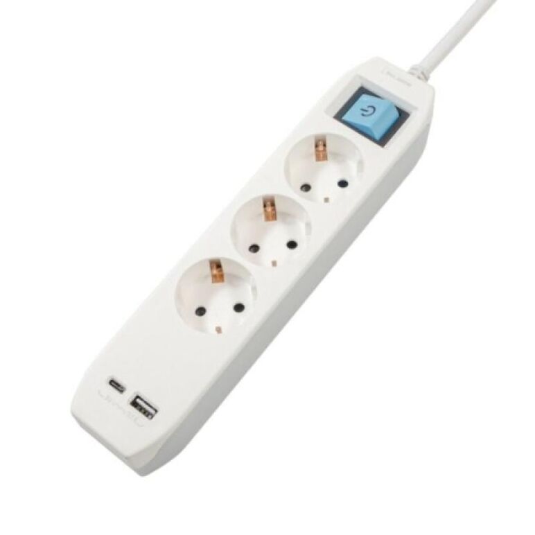 Prelungitor spacer, schuko x 3, conectare prin schuko (t),type-c x1, usb x 1, 3.1a, cablu 1.8m, 16 a, max. 3500w, protectie copii, intrerupator, gri.,  Prelungitoare | electropc.ro