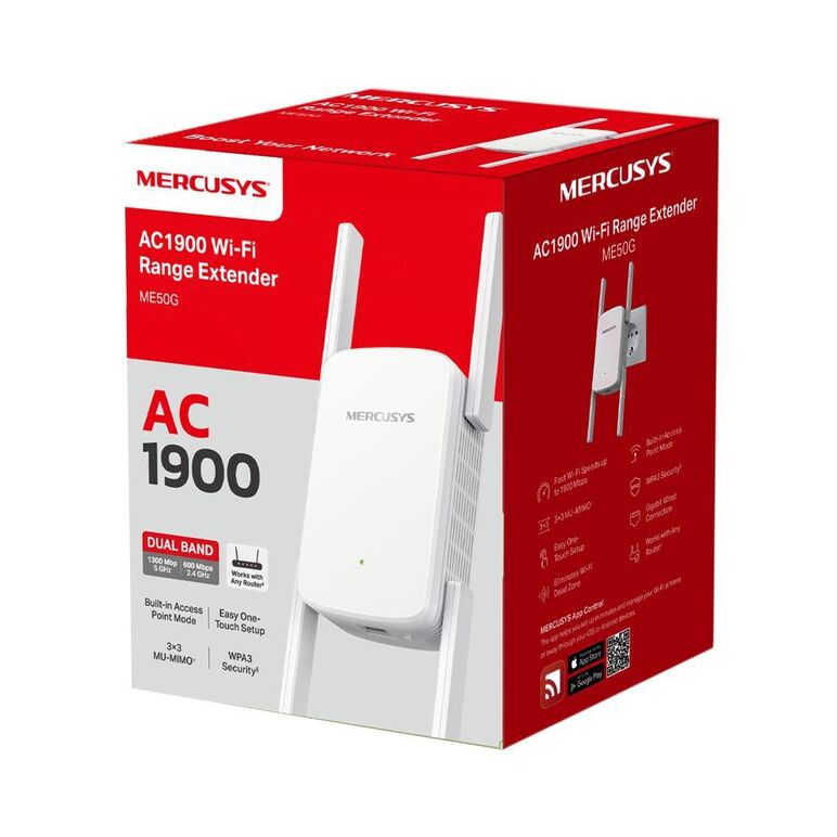 Mercusys ac1900 wi-fi range extender me50g; dual-band, standarde wireless: ieee 802.11a/n/ac 5 ghz, ieee 802.11b/g/n 2.4 ghz, viteza wireless:  600 mbps at 2.4ghz, 1300 mbps at 5ghz, interfata: 1 x gigabit ethernet port, 4 x andene externe, consum: 12w, d,  Access point & Range Ext. | electropc.ro