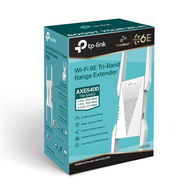 Tp-link axe5400 wi-fi6e mesh range extender, tri-band, re815xe, 1 port ethernet gigabit, 2 antene externe, standarde wireless: ieee 802.11ax 6 ghz, ieee 802.11a/n/ac/ax 5 ghz, ieee 802.11b/g/n/ax 2.4 ghz, 4x antene externe, viteza wireless: 574 mbps în ba,  Access point & Range Ext. | electropc.ro