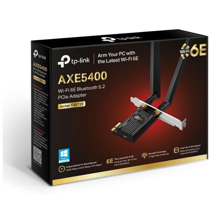 Adaptor wireless tp-link, archer txe72e, ax5400, 2 x antene externe dual-band 5ghz, 2.4 ghz, pci-e wi-fi 6e dimensiuni: 55 × 36 × 11.5 mm, bluetooth 5.2.,  Routere Wireless | electropc.ro