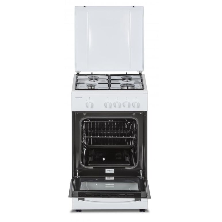 Aragaz gaz heinner hfsc-sme50wh, 50x50cm, 4 arzatoare, suport email, capac metalic, dispozitiv de siguranta plita si cuptor, usa cuptor cu geam dublu, duze gpl incluse, tava si gratar cromat, culoare: alb,  Aragazuri pe gaz | electropc.ro