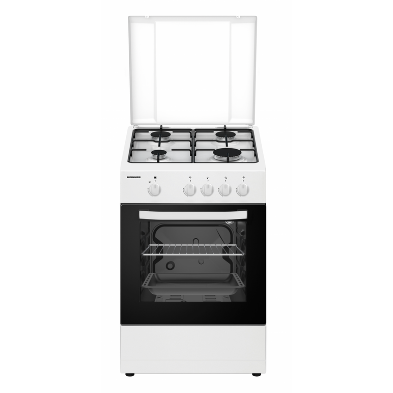 Aragaz gaz heinner hfsc-sme50wh, 50x50cm, 4 arzatoare, suport email, capac metalic, dispozitiv de siguranta plita si cuptor, usa cuptor cu geam dublu, duze gpl incluse, tava si gratar cromat, culoare: alb,  Aragazuri pe gaz | electropc.ro
