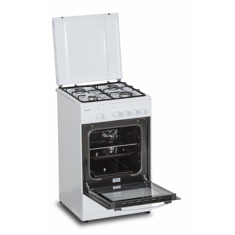 Aragaz gaz heinner hfsc-sme50wh, 50x50cm, 4 arzatoare, suport email, capac metalic, dispozitiv de siguranta plita si cuptor, usa cuptor cu geam dublu, duze gpl incluse, tava si gratar cromat, culoare: alb,  Aragazuri pe gaz | electropc.ro