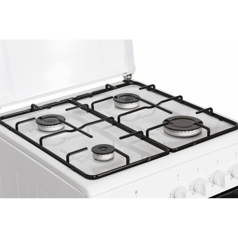 Aragaz gaz heinner hfsc-sme50wh, 50x50cm, 4 arzatoare, suport email, capac metalic, dispozitiv de siguranta plita si cuptor, usa cuptor cu geam dublu, duze gpl incluse, tava si gratar cromat, culoare: alb,  Aragazuri pe gaz | electropc.ro