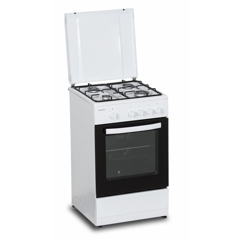 Aragaz gaz heinner hfsc-sme50wh, 50x50cm, 4 arzatoare, suport email, capac metalic, dispozitiv de siguranta plita si cuptor, usa cuptor cu geam dublu, duze gpl incluse, tava si gratar cromat, culoare: alb,  Aragazuri pe gaz | electropc.ro