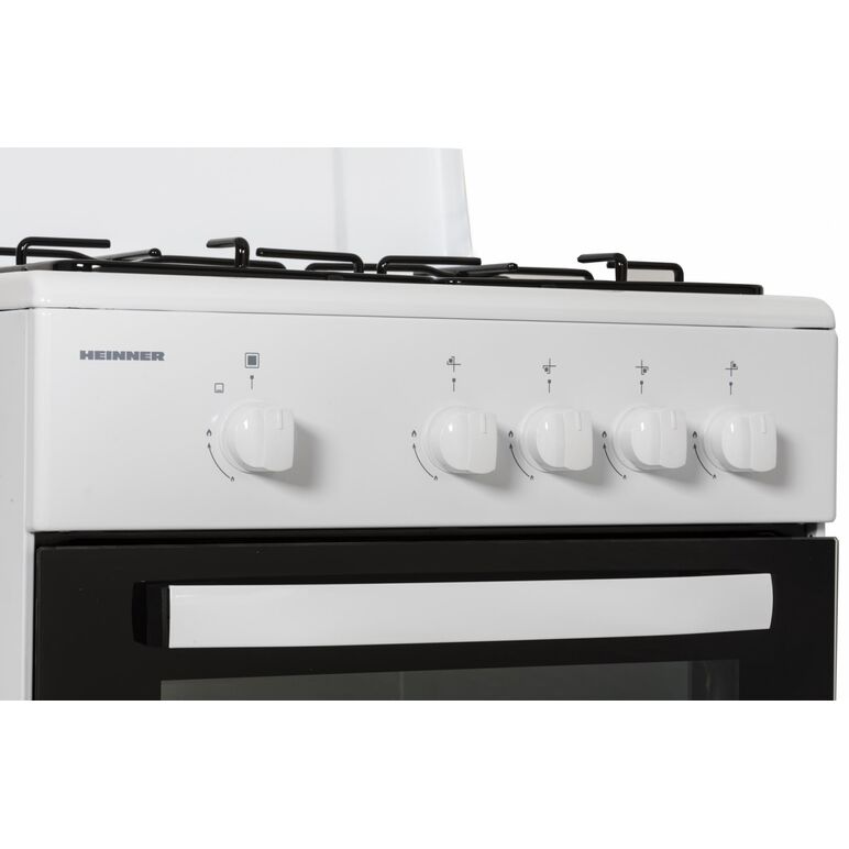 Aragaz gaz heinner hfsc-sme50wh, 50x50cm, 4 arzatoare, suport email, capac metalic, dispozitiv de siguranta plita si cuptor, usa cuptor cu geam dublu, duze gpl incluse, tava si gratar cromat, culoare: alb,  Aragazuri pe gaz | electropc.ro