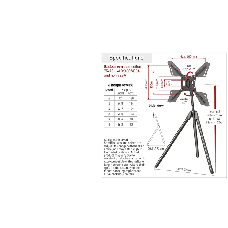 Suport tripod portabil de podea pentru tv plat/curbat barkan, 13" - 83", vesa 600x400mm, max 50kg, negru,  TV & Electronice & Gaming | electropc.ro