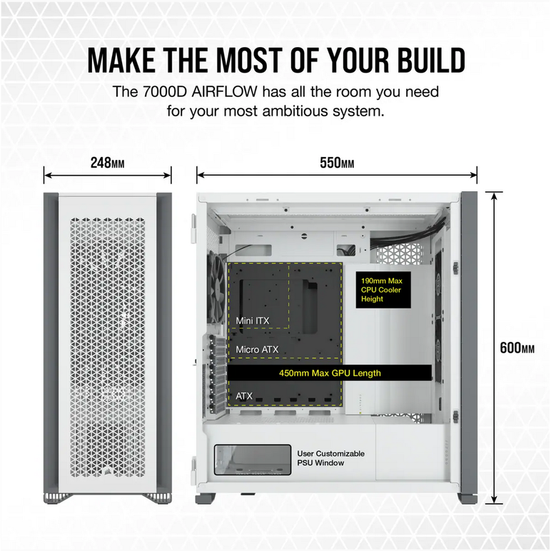 Carcasa corsair 7000d airflow full-tower atx pc case — white  maximum gpu length 450 mm maximum psu length 225 mm maximum cpu cooler height 190 mm expansion slots 8 horizontal + 3 vertical case drive bays (x6) 3.5in (x4) 2.5in form factor full tower case ,  Carcase | electropc.ro