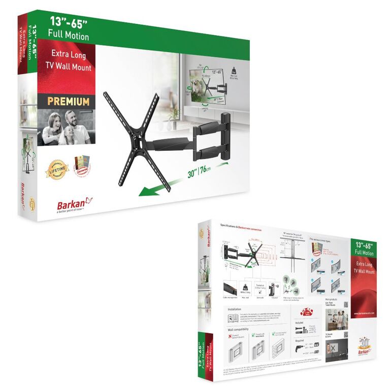 Suport tv plat/curbat de perete cu 2 brate barkan bm464xl, 13"- 65", max 36kg, vesa 400x400, negru,  TV & Electronice & Gaming | electropc.ro