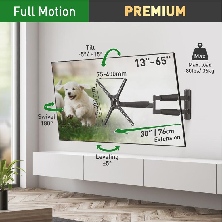 Suport tv plat/curbat de perete cu 2 brate barkan bm464xl, 13"- 65", max 36kg, vesa 400x400, negru,  TV & Electronice & Gaming | electropc.ro