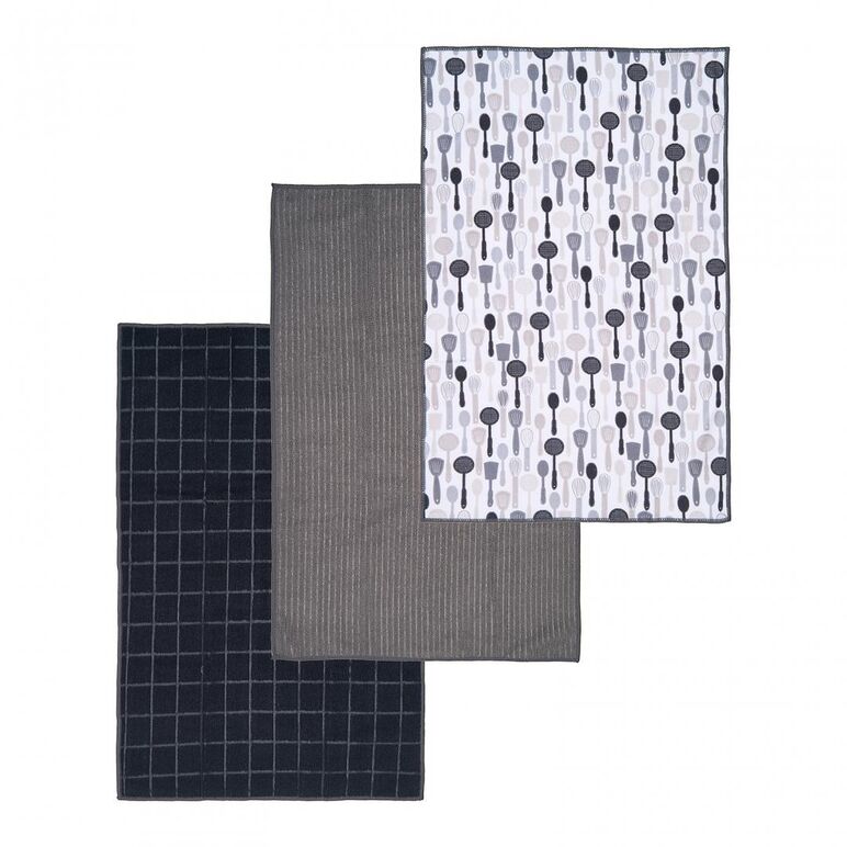 "set 3 prosoape gri microfibra 45x70cm- ustensile material : 100% poliester, 260gsm setul contine 2 prosoape uni si unul printat",  Prosoape Bucatarie | electropc.ro