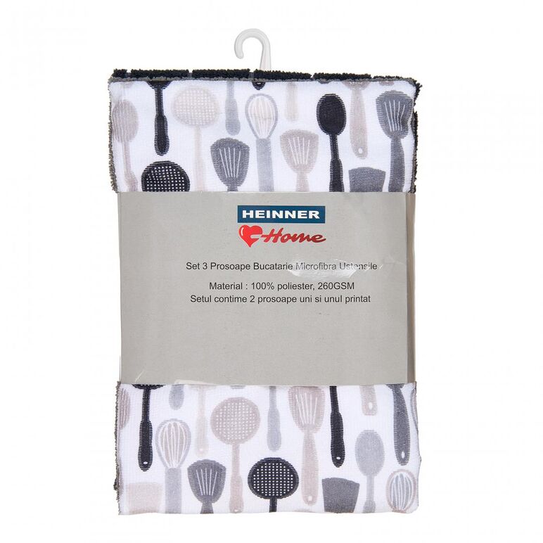 "set 3 prosoape gri microfibra 45x70cm- ustensile material : 100% poliester, 260gsm setul contine 2 prosoape uni si unul printat",  Prosoape Bucatarie | electropc.ro