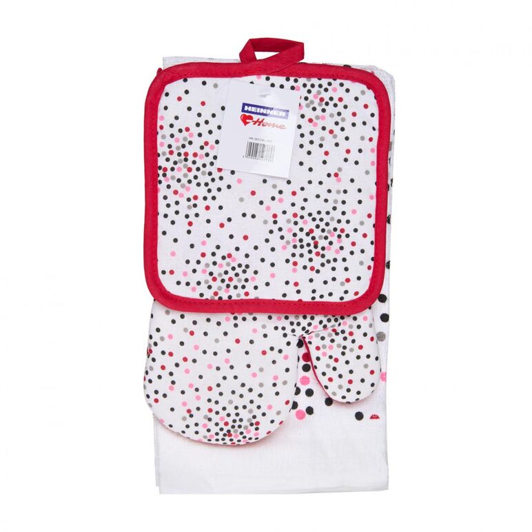 "set bucatarie format din 3 piese dots  setul contine :  1 prosop de bucatarie 38x63 cm,65gr/buc 1 manusa de bucatarie 17x27 cm 1 suport oala 18x18 cm material:100% bumbac ",  Prosoape Bucatarie | electropc.ro