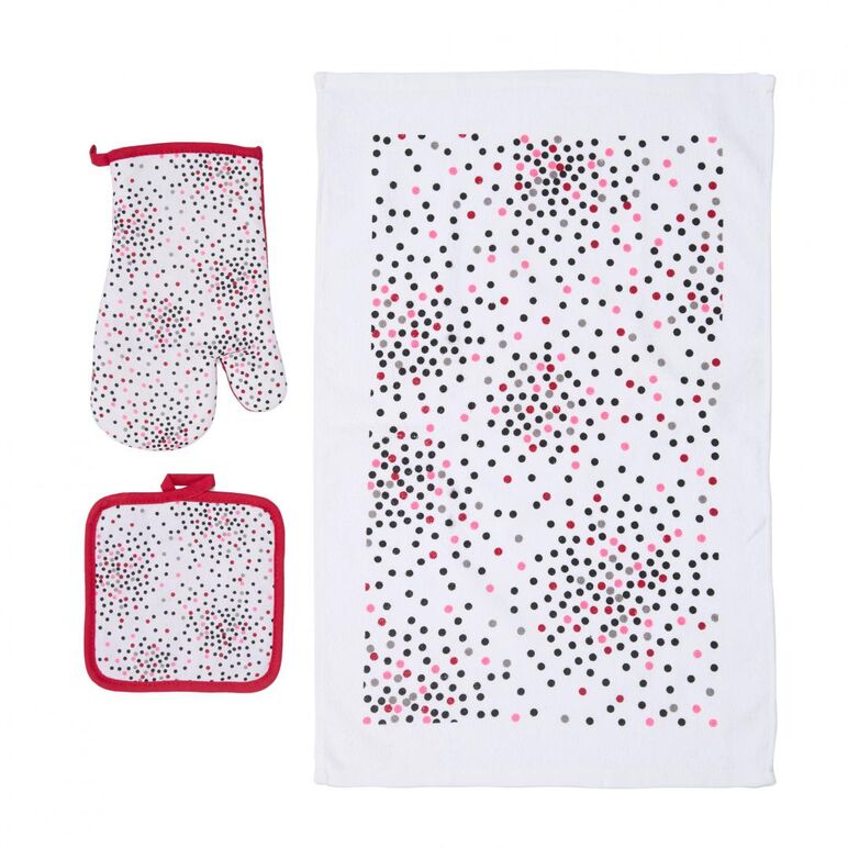 "set bucatarie format din 3 piese dots  setul contine :  1 prosop de bucatarie 38x63 cm,65gr/buc 1 manusa de bucatarie 17x27 cm 1 suport oala 18x18 cm material:100% bumbac ",  Prosoape Bucatarie | electropc.ro