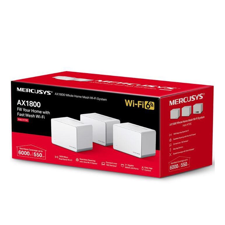 Mercusys ax1800 whole home wi-fi system halo h70x(3-pack),wi-fi 6 dual-band, standarde wireless: ieee 802.11ax/ac/n/a 5 ghz, ieee 802.11ax/n/b/g 2.4 ghz, viteza wireless: 1201 mbps on 5 ghz, 574 mbps on 2.4 ghz, securitate wireless:  wpa-psk/wpa2-psk/wpa3,  Routere Wireless | electropc.ro