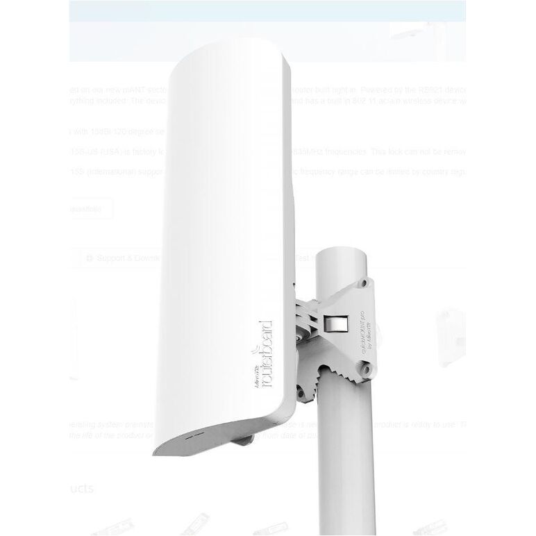 Mikrotik antena externa 15dbi, 120 grade + router wireless integrat, cpu: 720mhz, ram: 128 mb, dimensiuni: 140 x 348 x 82 mm, passive poe, viteza wireless 5ghz  867 mbit/s, tehnologie: wi-fi 5, 1 x 10/100/1000, 1 x sfp.,  Routere | electropc.ro