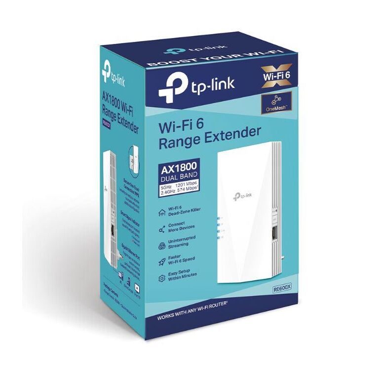 Tp-link ax1800 wi-fi6 range extender, re600x, dual-band, standarde wireless: ieee 802.11a/n/ac/ax 5ghz, ieee 802.11b/g/n/ax 2.4ghz, interfata: 1 x 10/100/1000, dimensiuni: 78×36×149 mm, 2 x antene interne, viteza wireless: 574 mbps la 2.4ghz, 1201 mbps la,  Access point & Range Ext. | electropc.ro