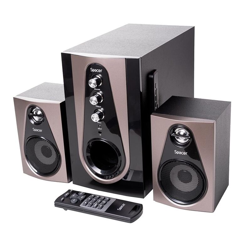 Boxe spacer 2.1, 30w rms ( 2x 5w + 20w), alimentare 220v, conectori bluetooth, usb, jack 3.5mm, radio fm, sd, rca, contine telecomanda wireless, negru,  Sisteme audio | electropc.ro