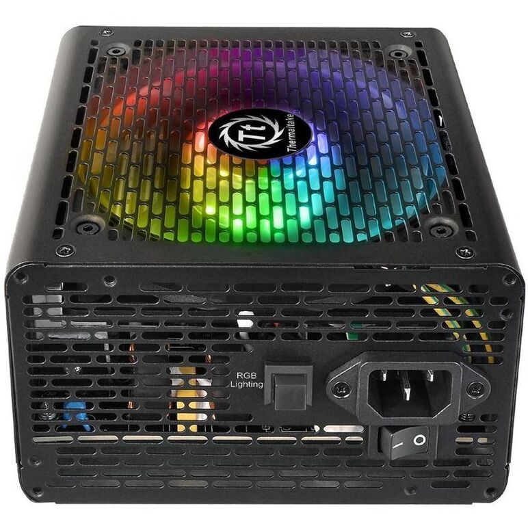 Sursa thermaltake smart rgb 600w iluminare rgb, certificata 80 plus, eficienta 82-86%, single rail (42a), ventilator silentios de120mm cu control termic automat, buton pentru contolul culorii de iluminare a ventilatorului (red/green/blue/yellow/purple/lig,  Surse PC | electropc.ro