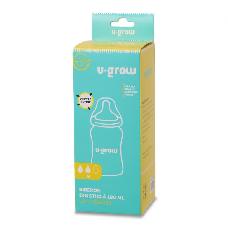 Biberon de sticla180 ml+2 tetine extra,  Biberoane & Tetine & Accesorii | electropc.ro