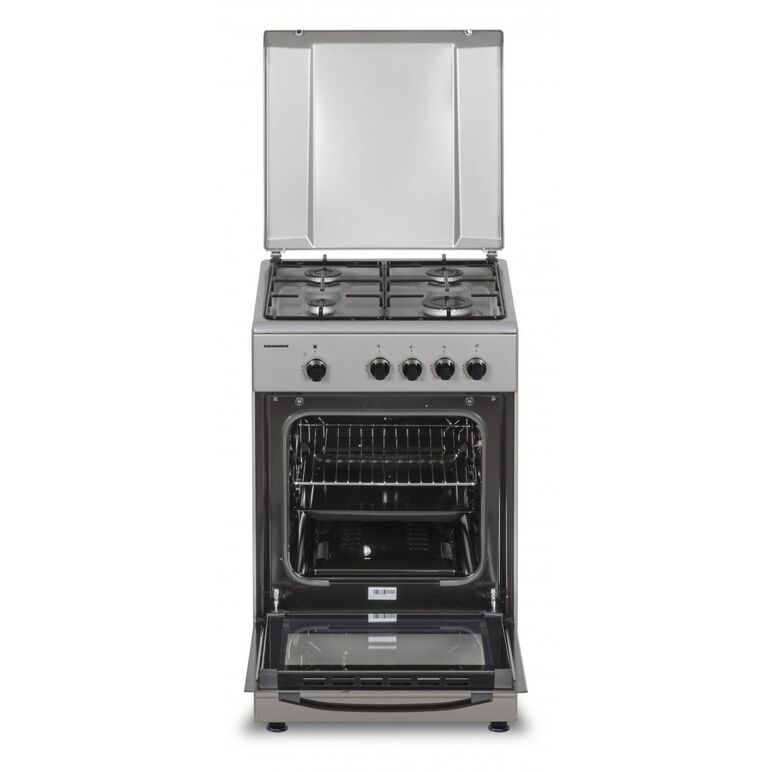 Aragaz gaz heinner hfsc-sme50sl, 50x50cm, 4 arzatoare, suport email, capac metalic, dispozitiv de siguranta plita si cuptor, usa cuptor cu geam dublu, duze gpl incluse, tava si gratar cromat, culoare: argintiu,  Aragazuri pe gaz | electropc.ro