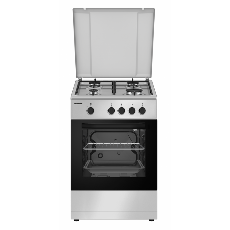 Aragaz gaz heinner hfsc-sme50sl, 50x50cm, 4 arzatoare, suport email, capac metalic, dispozitiv de siguranta plita si cuptor, usa cuptor cu geam dublu, duze gpl incluse, tava si gratar cromat, culoare: argintiu,  Aragazuri pe gaz | electropc.ro